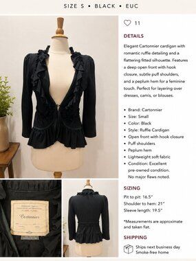 Cartonnier Anthropologie Black Ruffle Cardigan Size Small Romantic Peplum EUC